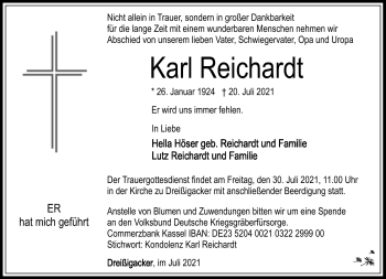 Traueranzeige von Karl Reichardt von Südthüringer Presse