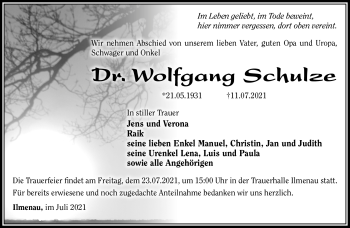 Traueranzeige von Dr.Wolfgang Schulze von Südthüringer Presse