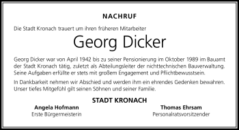 Traueranzeige von Georg Dicker von Neue Presse Coburg