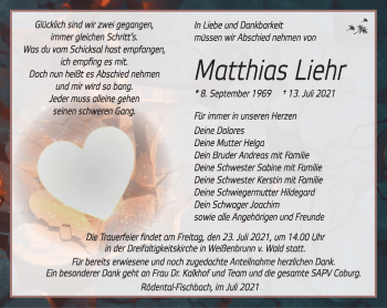 Traueranzeige von Matthias Liehr von Südthüringer Presse