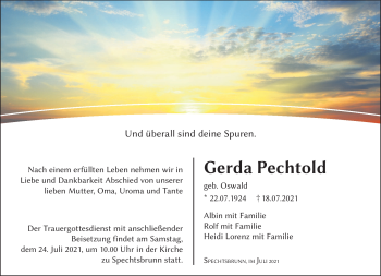 Traueranzeige von Gerda Pechtold von Südthüringer Presse