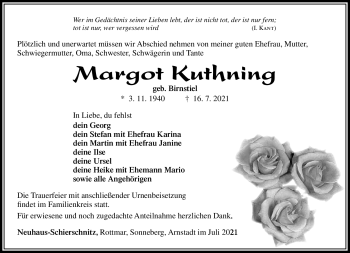 Traueranzeige von Margot Kuthning von Südthüringer Presse