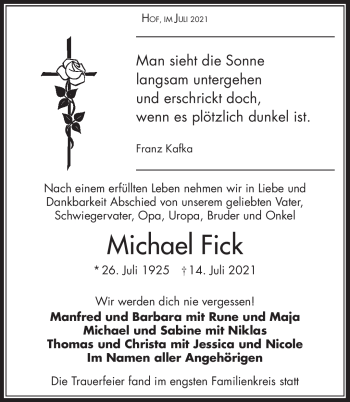 Traueranzeige von Michael Fick von Frankenpost