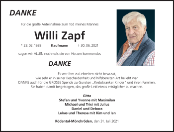 Traueranzeige von Willi Zapf von Neue Presse Coburg