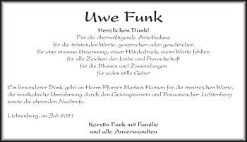 Traueranzeige von Uwe Funk von Frankenpost