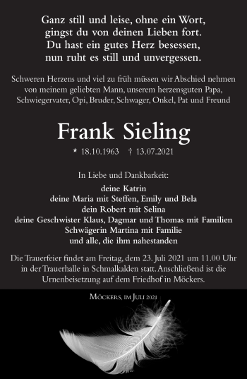 Traueranzeige von Frank Sieling von Südthüringer Presse
