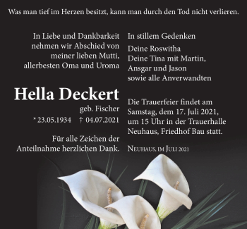 Traueranzeige von Hella Deckert von Südthüringer Presse