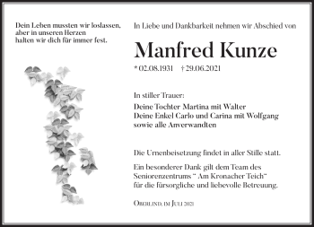 Traueranzeige von Manfred Kunze von Südthüringer Presse