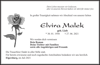 Traueranzeige von Elvira Malek von Südthüringer Presse