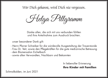 Traueranzeige von Helga Pillgramm von Südthüringer Presse