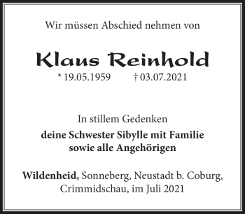 Traueranzeige von Klaus Reinhold von Südthüringer Presse