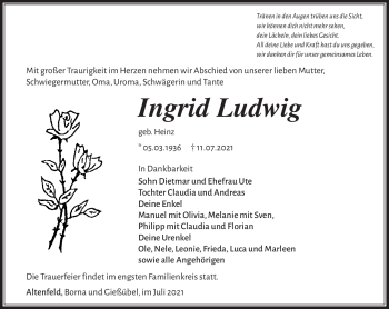 Traueranzeige von Ingrid Ludwig von Südthüringer Presse