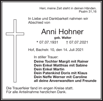 Traueranzeige von Anni Hohner von Frankenpost