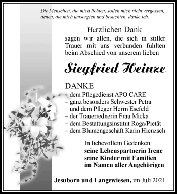Traueranzeige von Siegfried Heinze von Südthüringer Presse