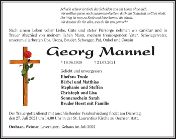 Traueranzeige von Georg Mannel von Südthüringer Presse