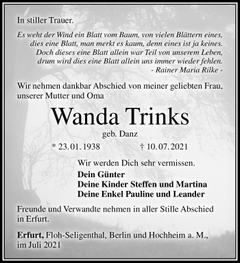 Traueranzeige von Wanda Trinks von Südthüringer Presse