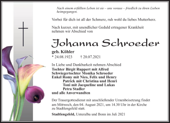 Traueranzeige von Johanna Schroeder von Südthüringer Presse