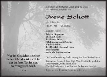 Traueranzeige von Irene Schott von Südthüringer Presse