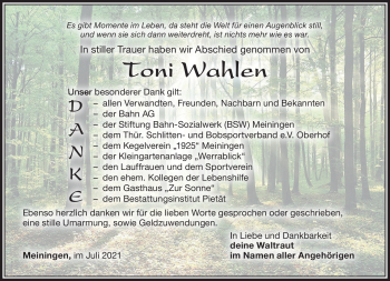 Traueranzeige von Toni Wahlen von Südthüringer Presse