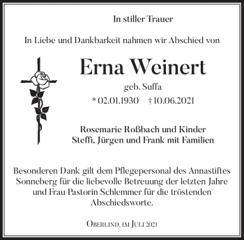 Traueranzeige von Erna Weinert von Südthüringer Presse