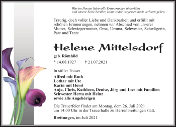 Traueranzeige von Helene Mittelsdorf von Südthüringer Presse