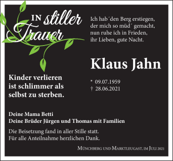 Traueranzeige von Klaus Jahn von Frankenpost