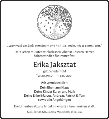 Traueranzeige von Erika Jaksztat von Südthüringer Presse