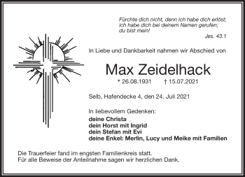 Traueranzeige von Max Zeidelhack von Frankenpost