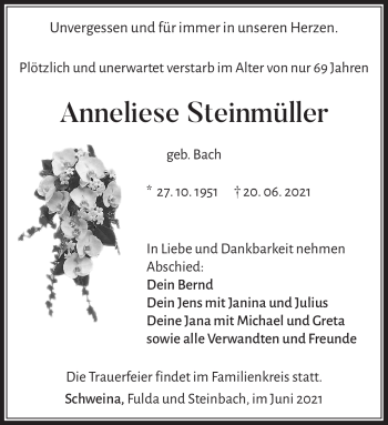 Traueranzeige von Anneliese Steinmüller von Südthüringer Presse