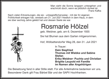 Traueranzeige von Rosmarie Hölzel von Frankenpost