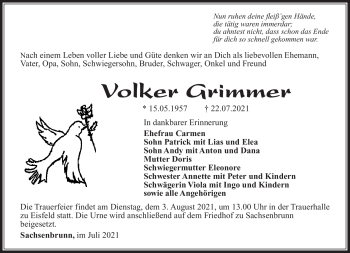 Traueranzeige von Volker Grimmer von Südthüringer Presse