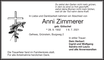 Traueranzeige von Anni Zimmerer von Frankenpost