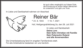 Traueranzeige von Reiner Bär von Frankenpost