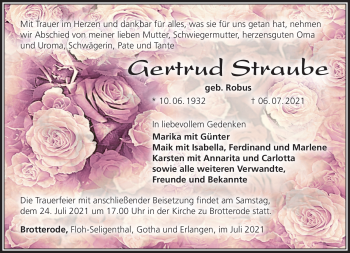 Traueranzeige von Gertrud Straube von Südthüringer Presse