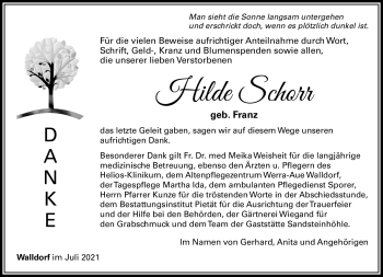 Traueranzeige von Hilde Schorr von Südthüringer Presse