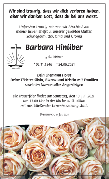 Traueranzeige von Barbara Hinüber von Südthüringer Presse