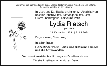 Traueranzeige von Lydia Rietsch von Frankenpost