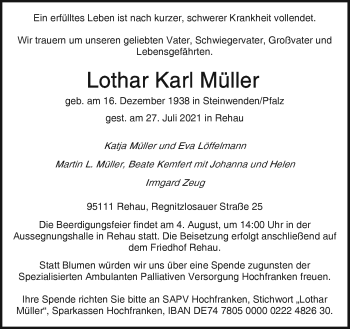 Traueranzeige von Lothar Karl Müller von Frankenpost