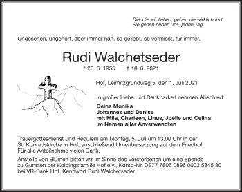 Traueranzeige von Rudi Walchetseder von Frankenpost