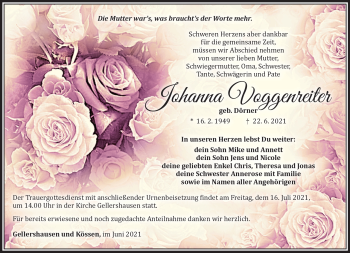Traueranzeige von Johanna Voggenreiter von Südthüringer Presse