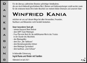 Traueranzeige von Winfried Kania von Südthüringer Presse