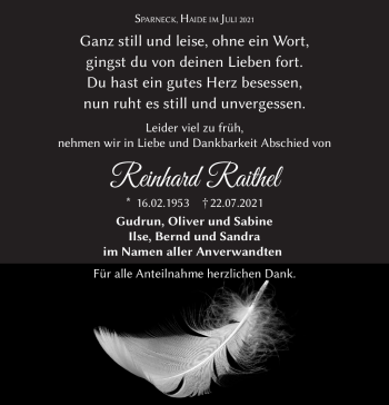 Traueranzeige von Reinhard Raithel von Frankenpost
