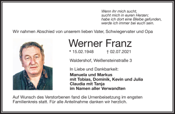 Traueranzeige von Werner Franz von Frankenpost
