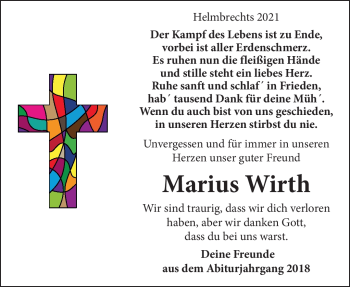 Traueranzeige von Marius Wirth von Frankenpost