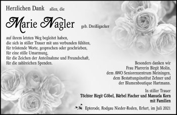 Traueranzeige von Marie Nagler von Südthüringer Presse