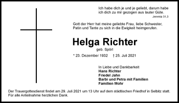 Traueranzeige von Helga Richter von Frankenpost