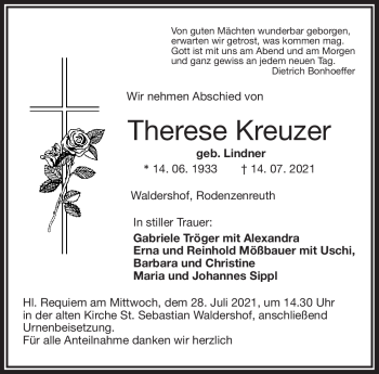 Traueranzeige von Therese Kreuzer von Frankenpost