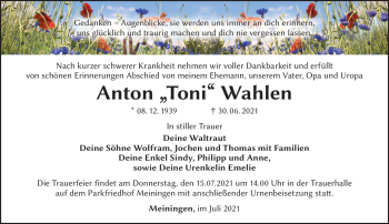 Traueranzeige von Anton Wahlen von Südthüringer Presse