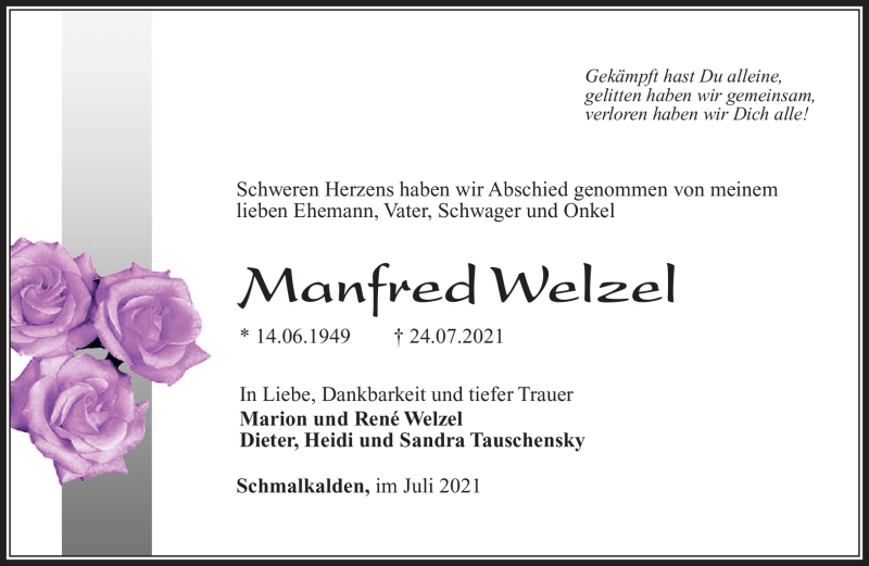  Traueranzeige für Manfred Welzel vom 28.07.2021 aus Südthüringer Presse