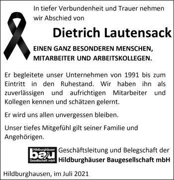 Traueranzeige von Dietrich Lautensack von Südthüringer Presse